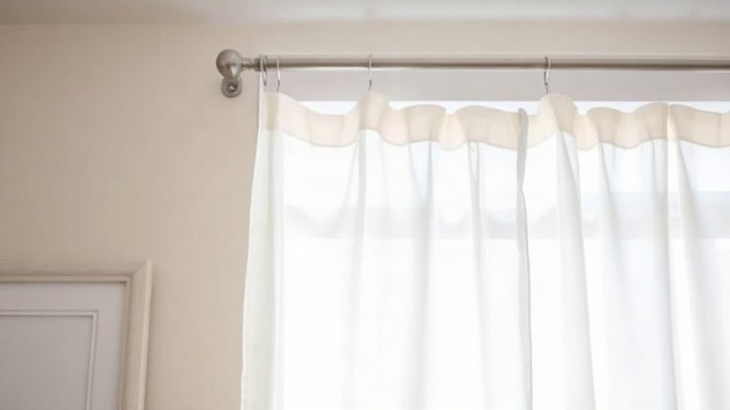 A metal curtain rod with brackets and rings holds a sheer white curtain against a beige wall.