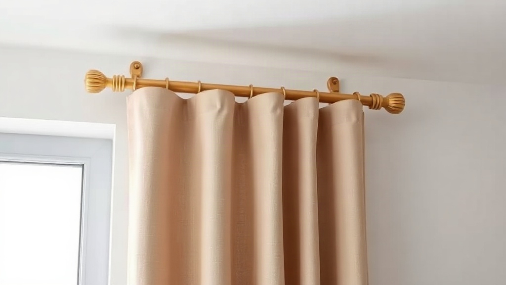 A gold curtain rod on wall brackets holds a beige curtain above a white window frame.