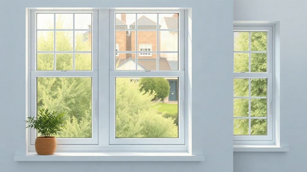 How Why uPVC Windows Are Ideal for Irish Homeowners works White-framed windows with Georgian bars look out onto green trees and a brick house, with a potted plant on the sill.
